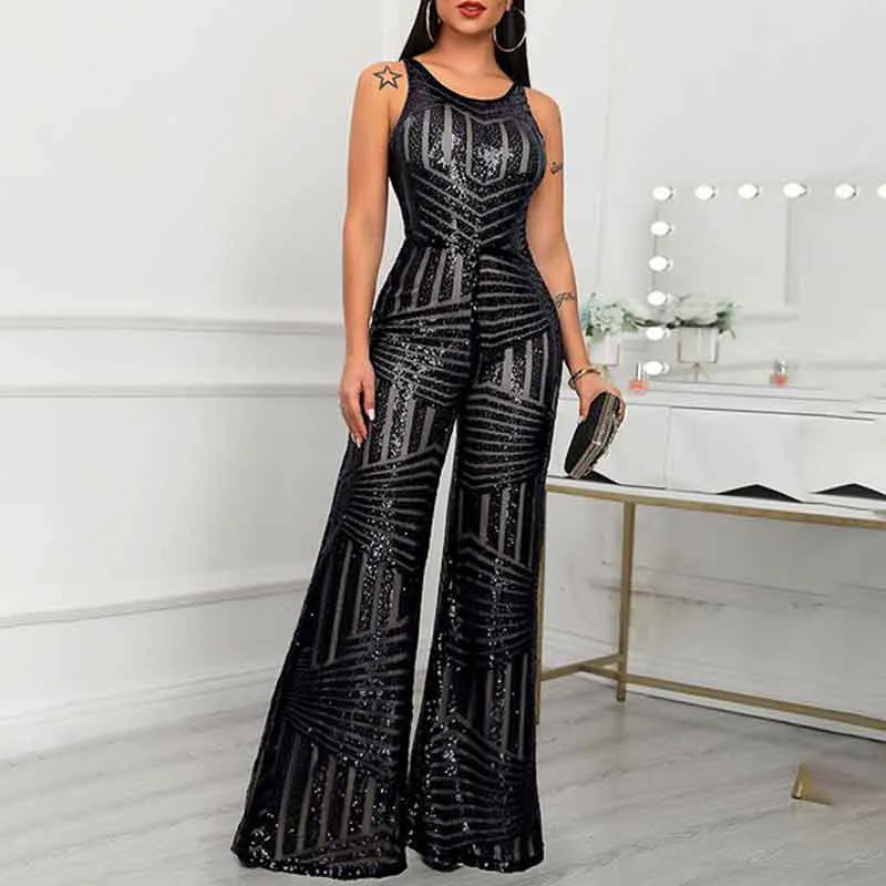 Sequins Round Neck Sleeveless Wide Leg Jumpsuit