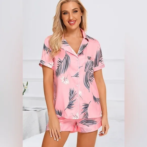 SET 2 piece pajama set: PRINTED Satin shirt and shorts pj Set