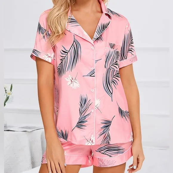 SET 2 piece pajama set: PRINTED Satin shirt and shorts pj Set