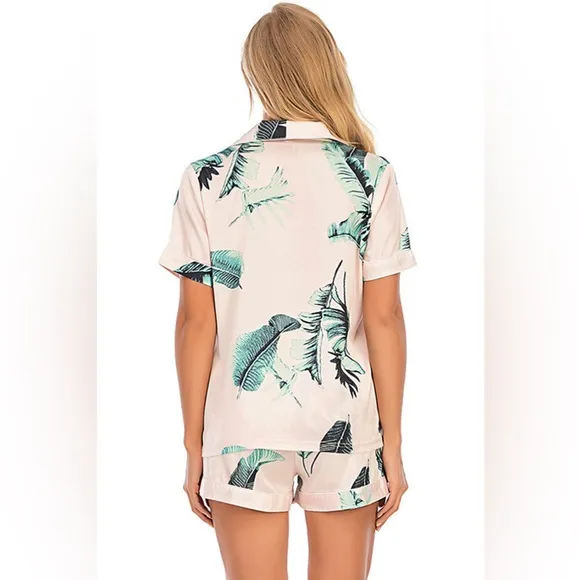 SET 2 piece pajama set: PRINTED Satin shirt and shorts pj Set