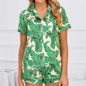 SET 2 piece pajama set: PRINTED Satin shirt and shorts pj Set