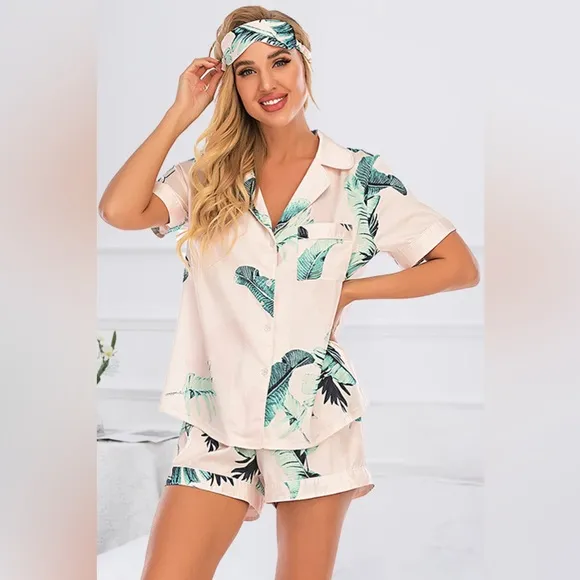 SET 2 piece pajama set: PRINTED Satin shirt and shorts pj Set