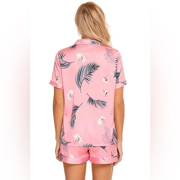 SET 2 piece pajama set: PRINTED Satin shirt and shorts pj Set
