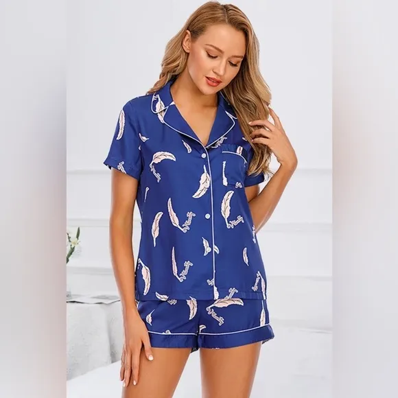 SET 2 piece pajama set: PRINTED Satin shirt and shorts pj Set