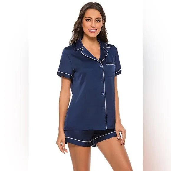 SET 2 piece pajama set: PRINTED Satin shirt and shorts pj Set