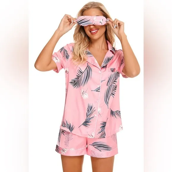SET 2 piece pajama set: PRINTED Satin shirt and shorts pj Set
