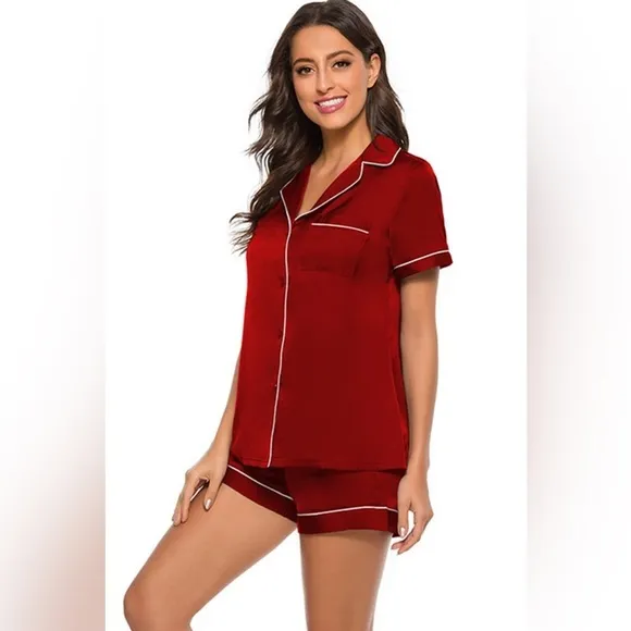 SET 2 piece pajama set: PRINTED Satin shirt and shorts pj Set