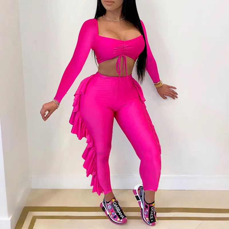 Sexy Ruffles Long Sleeve Top & Pants Set