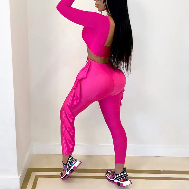 Sexy Ruffles Long Sleeve Top & Pants Set