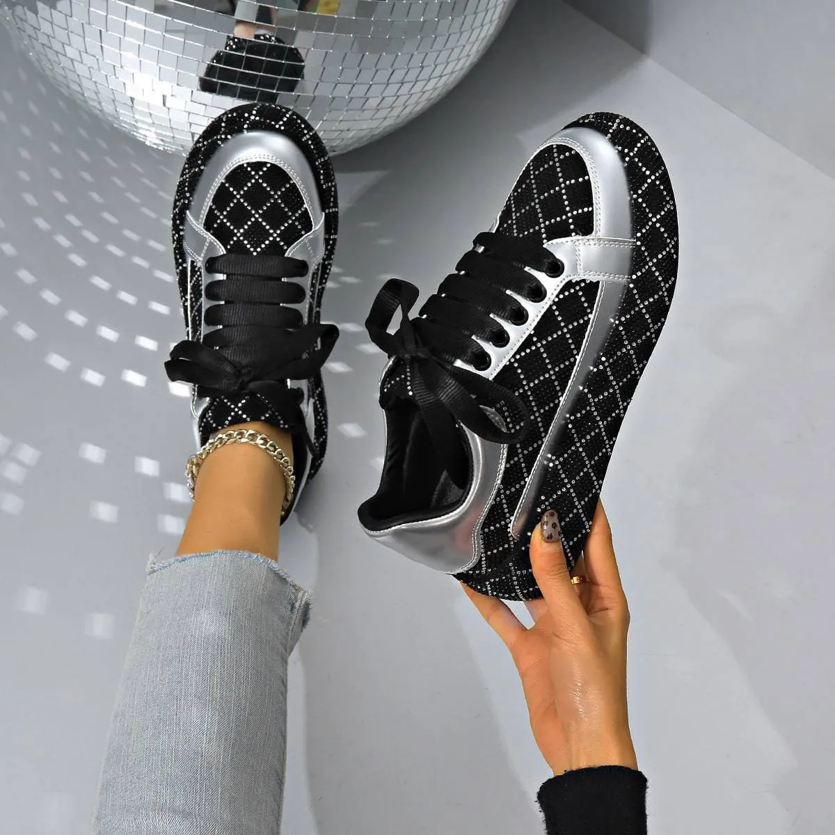 ShimmerStride Rhinestone Lace-Up Sneakers