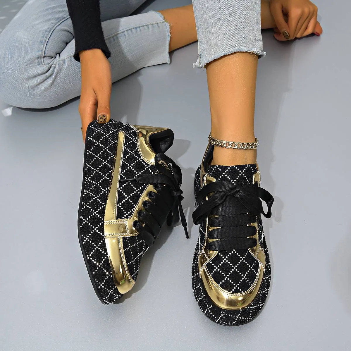 ShimmerStride Rhinestone Lace-Up Sneakers