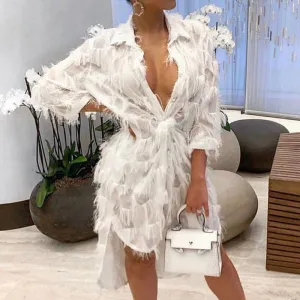 Solid Deep V-Neck Fluffy Dress