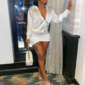 Solid Deep V-Neck Long Sleeve Shirt Dress