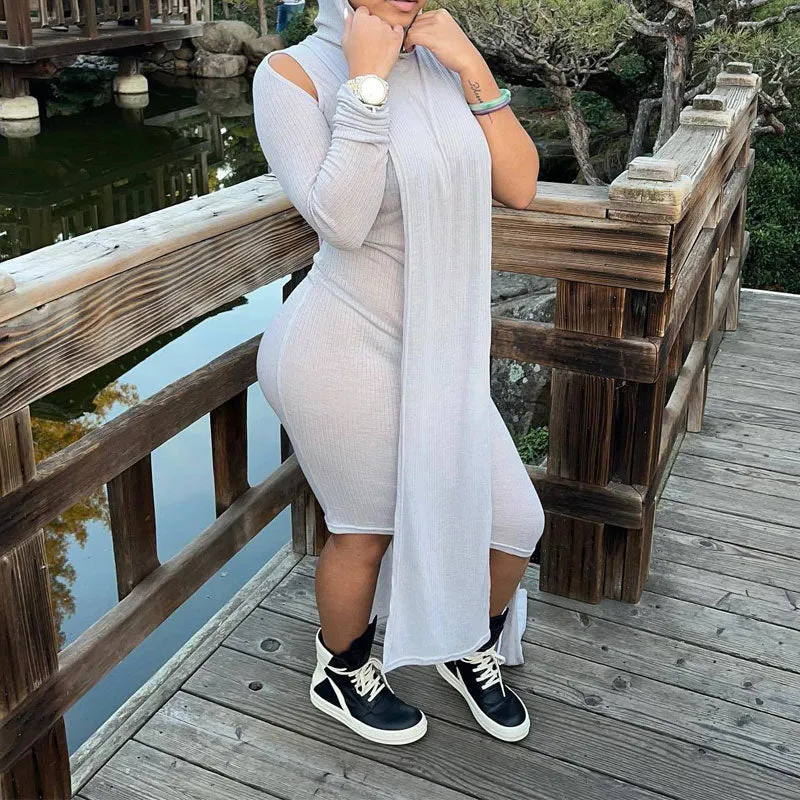 Solid High Slit Hoodie Cover Up & One Sleeve Dress Set