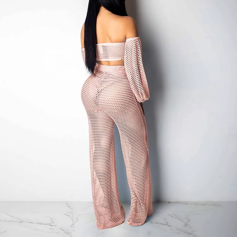 Solid Hollow Out Long Sleeve 2PCS Set