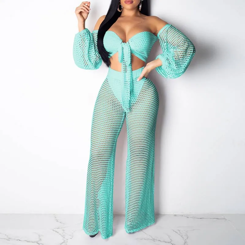 Solid Hollow Out Long Sleeve 2PCS Set