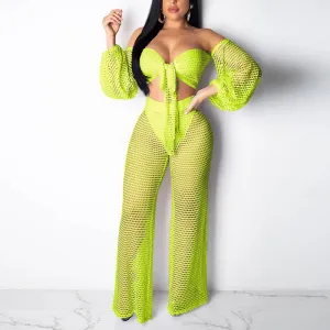 Solid Hollow Out Long Sleeve 2PCS Set
