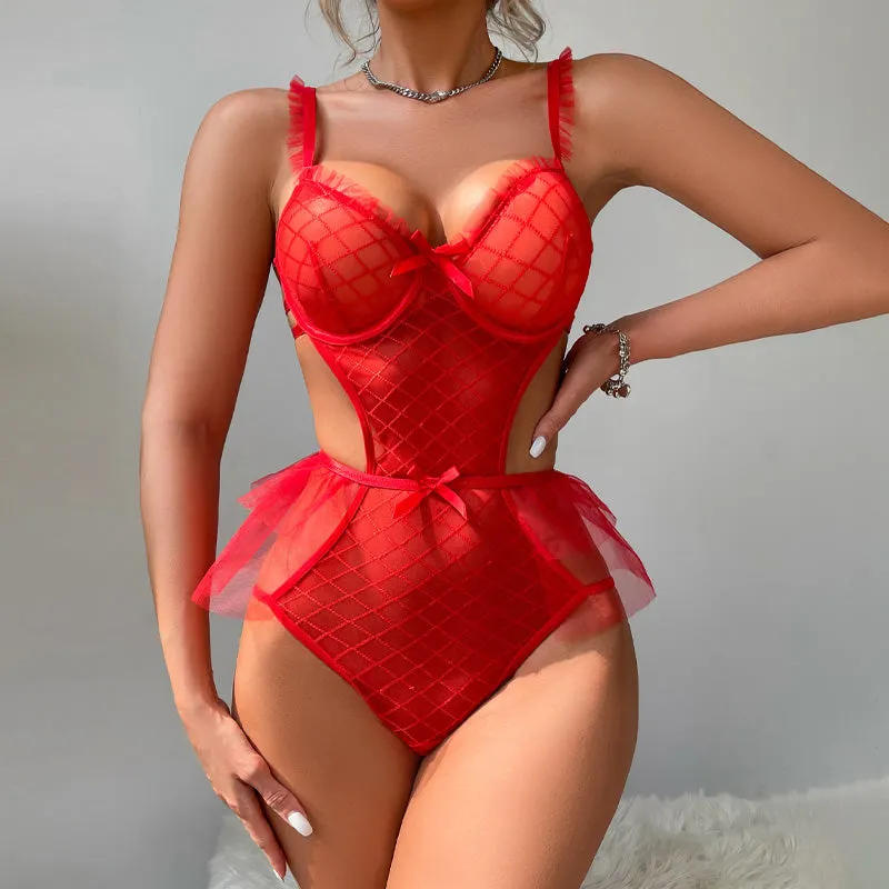 Solid Lace Bow Tie Ruffled Teddy