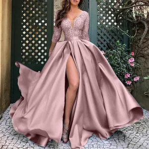 Solid Lace Patchwork Long Sleeve High Slit Maxi Dress