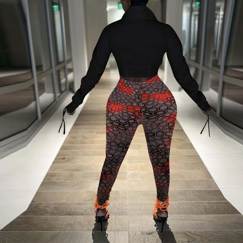 Solid Long Sleeve Blouse & Print Pants Set