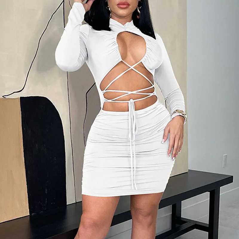 Solid Long Sleeve Hollow Out Bandage Bodycon Dress