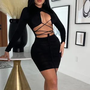 Solid Long Sleeve Hollow Out Bandage Bodycon Dress