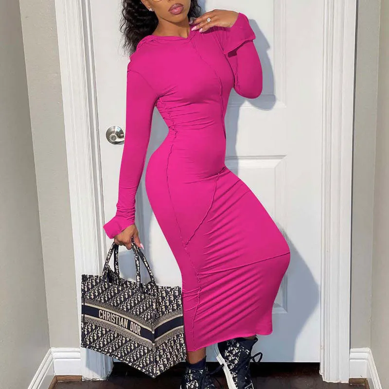 Solid Long Sleeve Hoodie Casual Maxi Dress