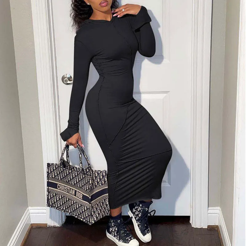 Solid Long Sleeve Hoodie Casual Maxi Dress