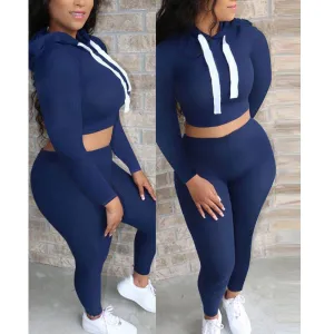 Solid Long Sleeve Hoodie Crop Top & Pants Set