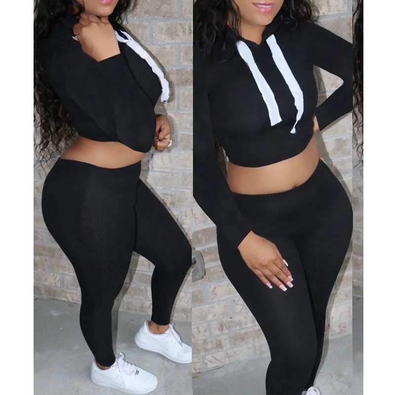 Solid Long Sleeve Hoodie Crop Top & Pants Set