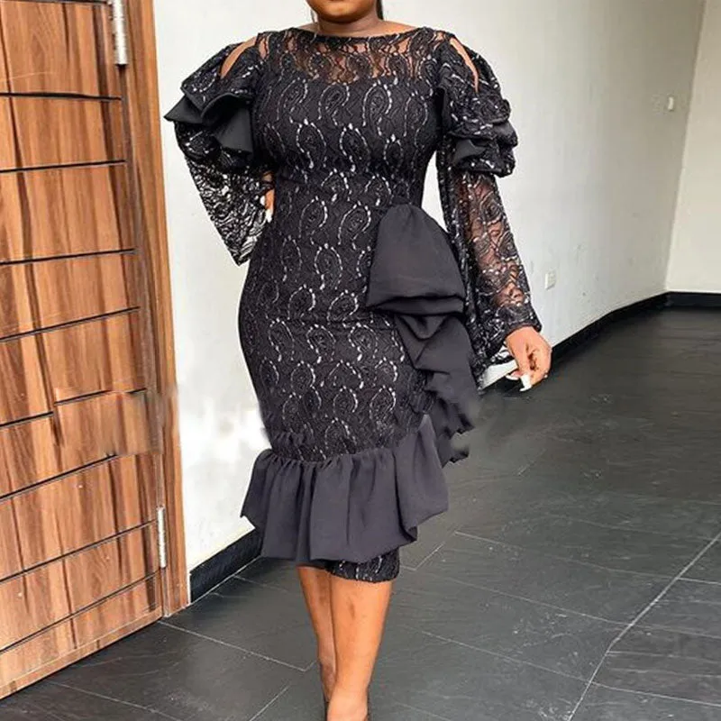 Solid Long Sleeve Ruffle Design Lace Midi Dress