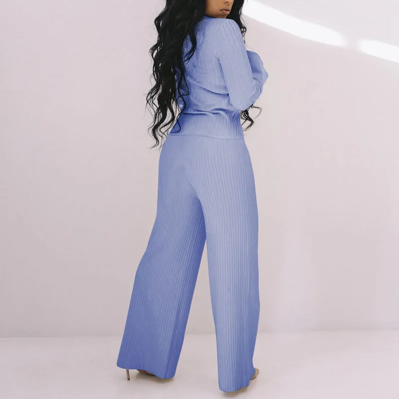 Solid Ribbed Tied Two Piece Set