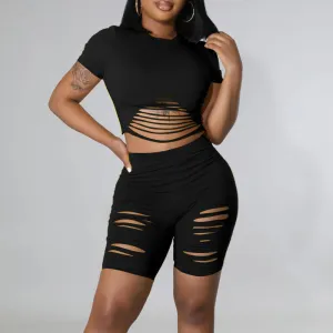 Solid Short Sleeve Cut Out Crop Top & Shorts Set