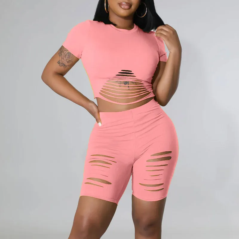 Solid Short Sleeve Cut Out Crop Top & Shorts Set