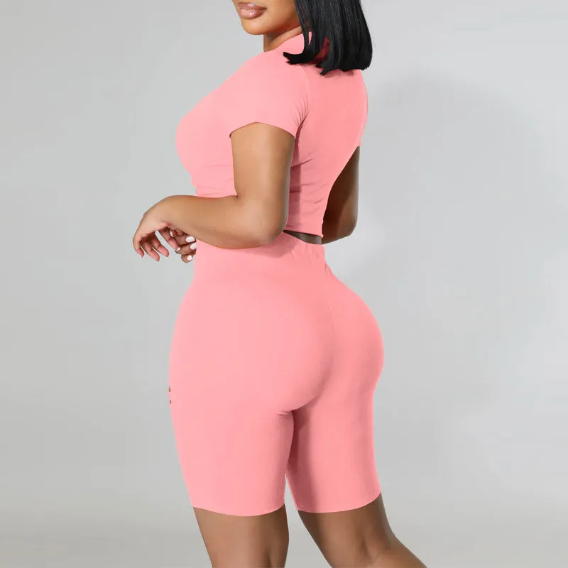 Solid Short Sleeve Cut Out Crop Top & Shorts Set