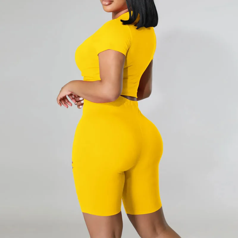 Solid Short Sleeve Cut Out Crop Top & Shorts Set