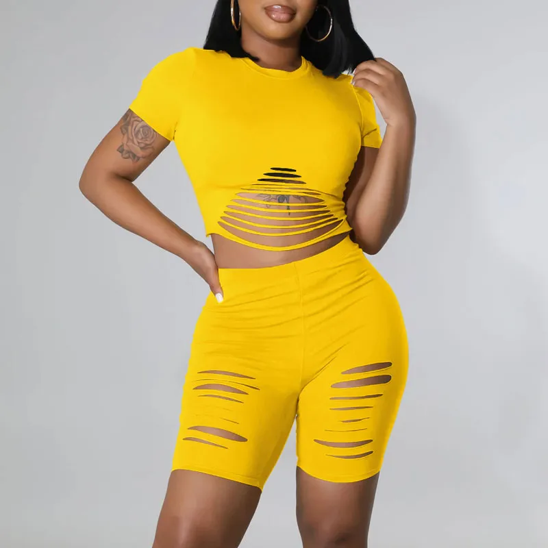 Solid Short Sleeve Cut Out Crop Top & Shorts Set