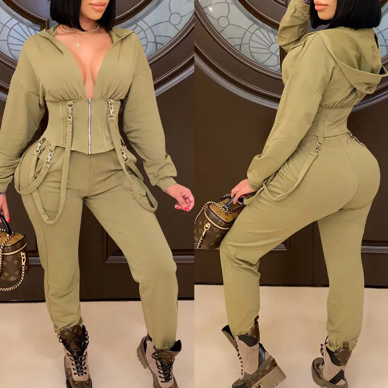 Solid V-Neck Lace Zipper Design Long Sleeve Hoodie Top & Pants Set