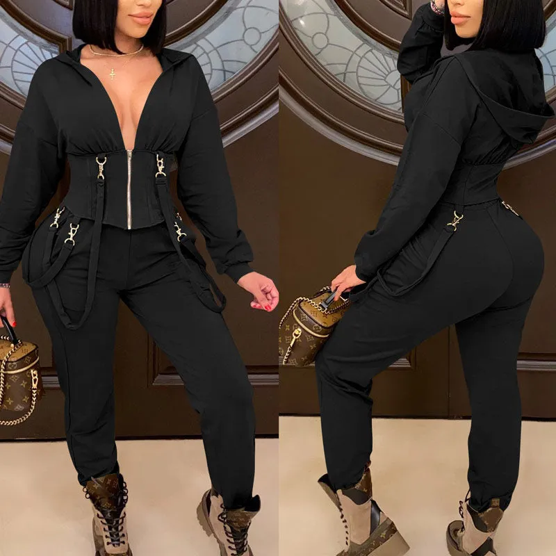 Solid V-Neck Lace Zipper Design Long Sleeve Hoodie Top & Pants Set
