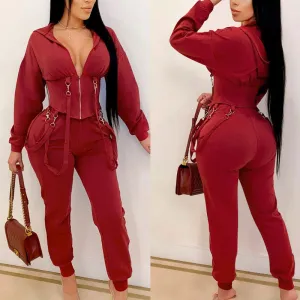 Solid V-Neck Lace Zipper Design Long Sleeve Hoodie Top & Pants Set