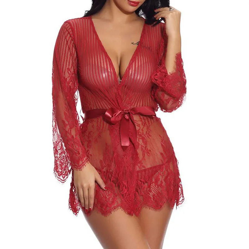 Solid V-Neck Long Sleeve Lace Nightdress