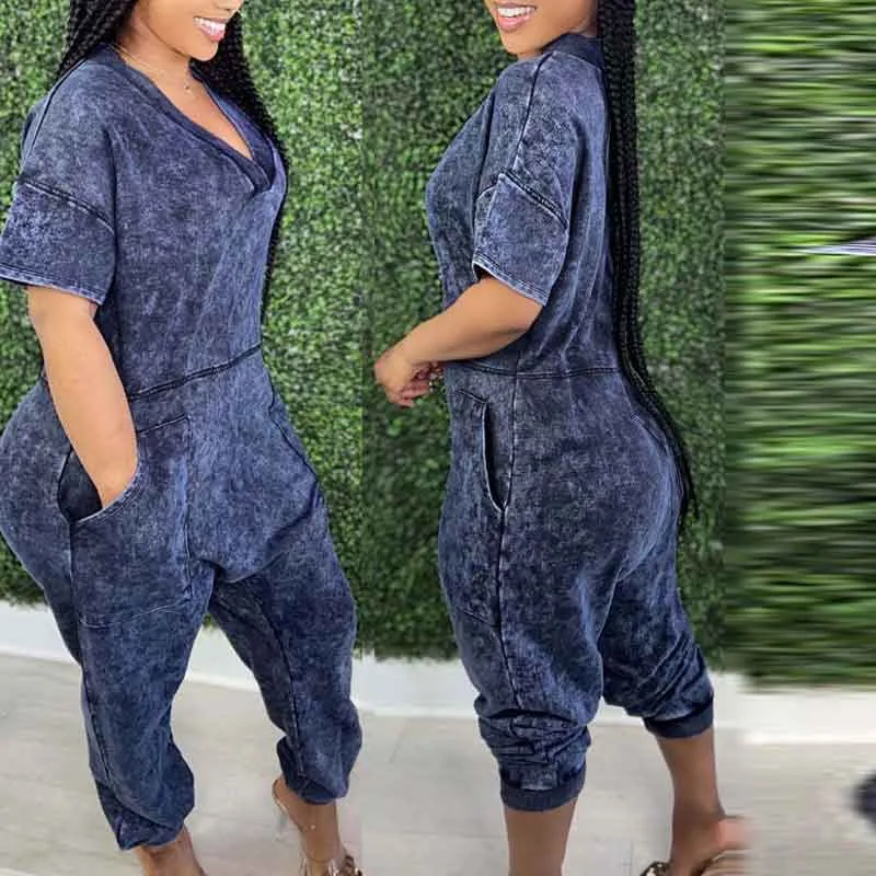 Solid V-Neck Short Sleeve Loose Jumpsuit