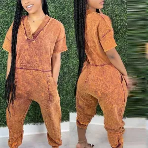 Solid V-Neck Short Sleeve Loose Jumpsuit