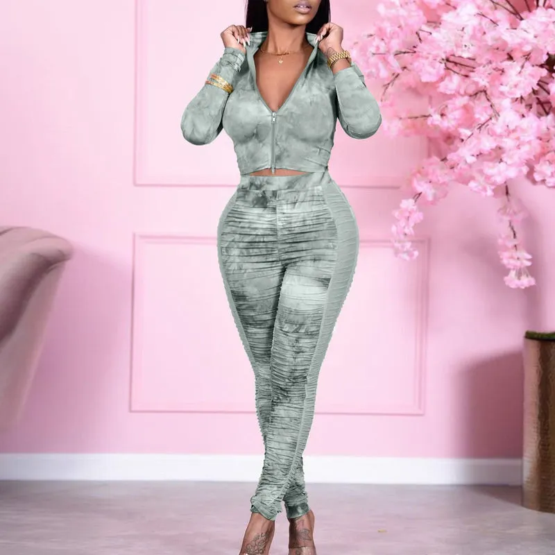 Solid Zipper Design Ruched Two Piece Set