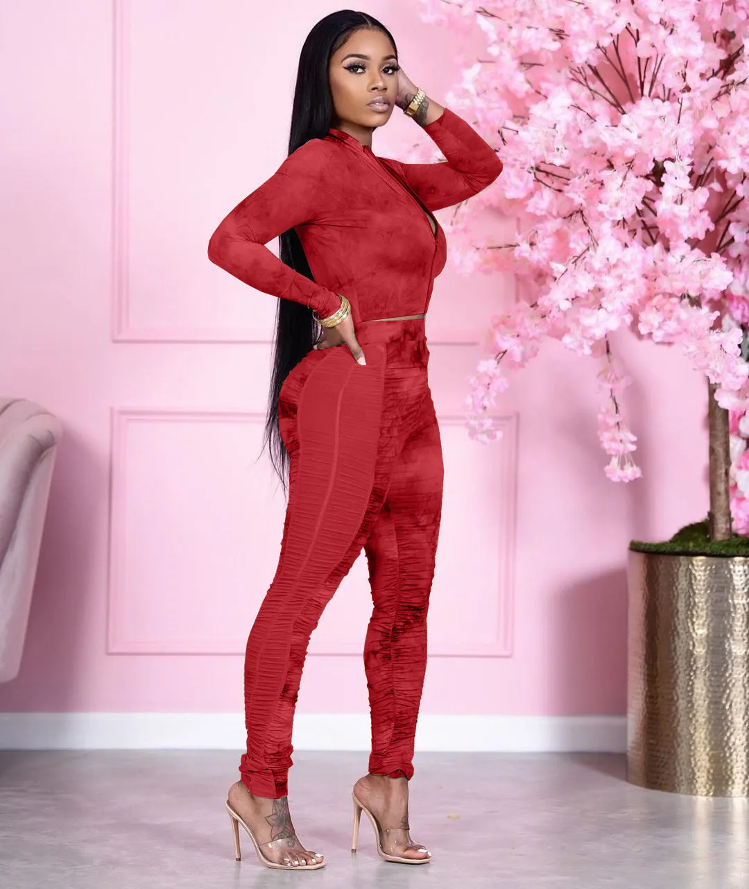 Solid Zipper Design Ruched Two Piece Set