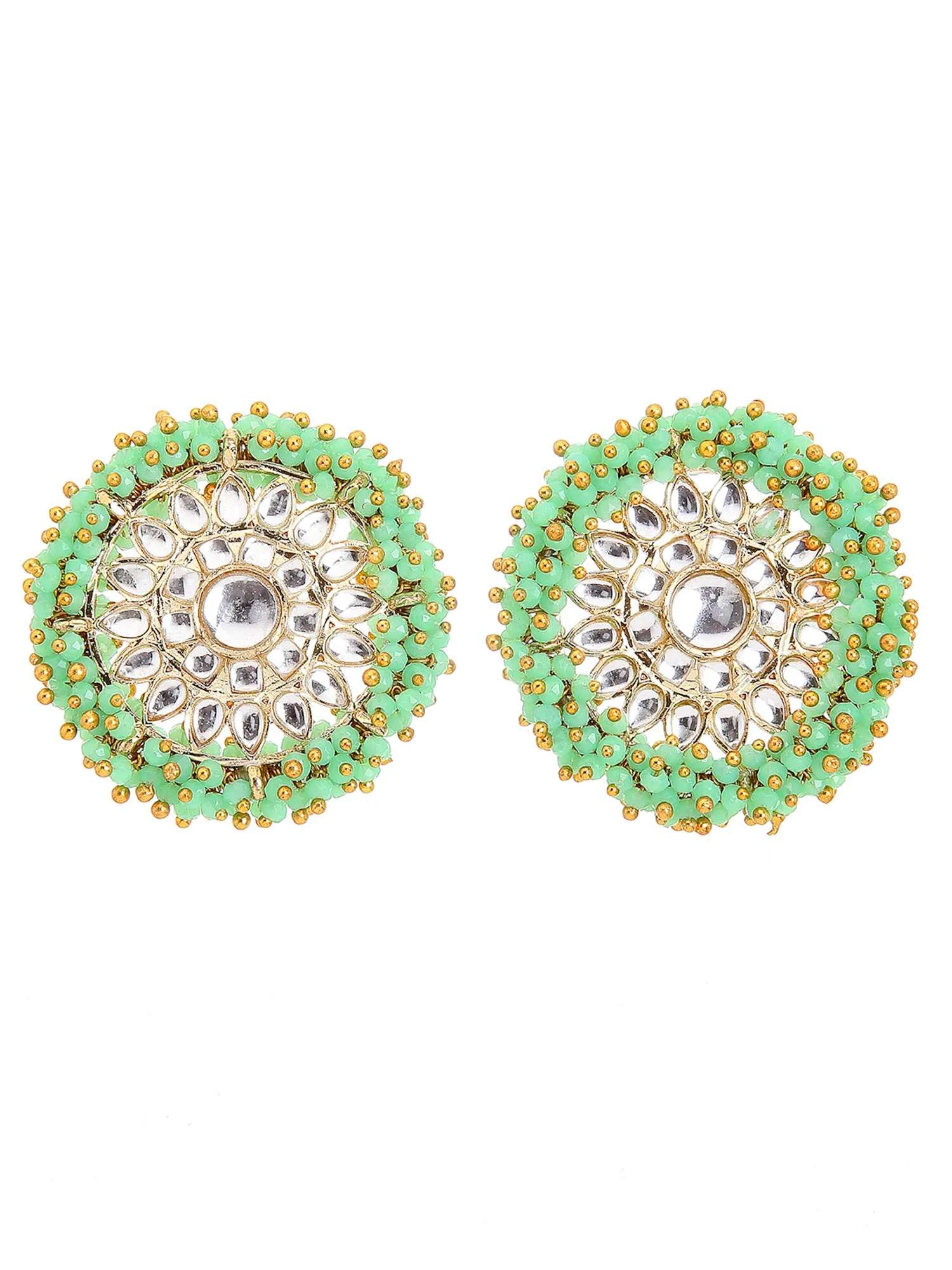 Traditional Lime Green Crystal Studded Gold Plated Kundan Stud Earrings