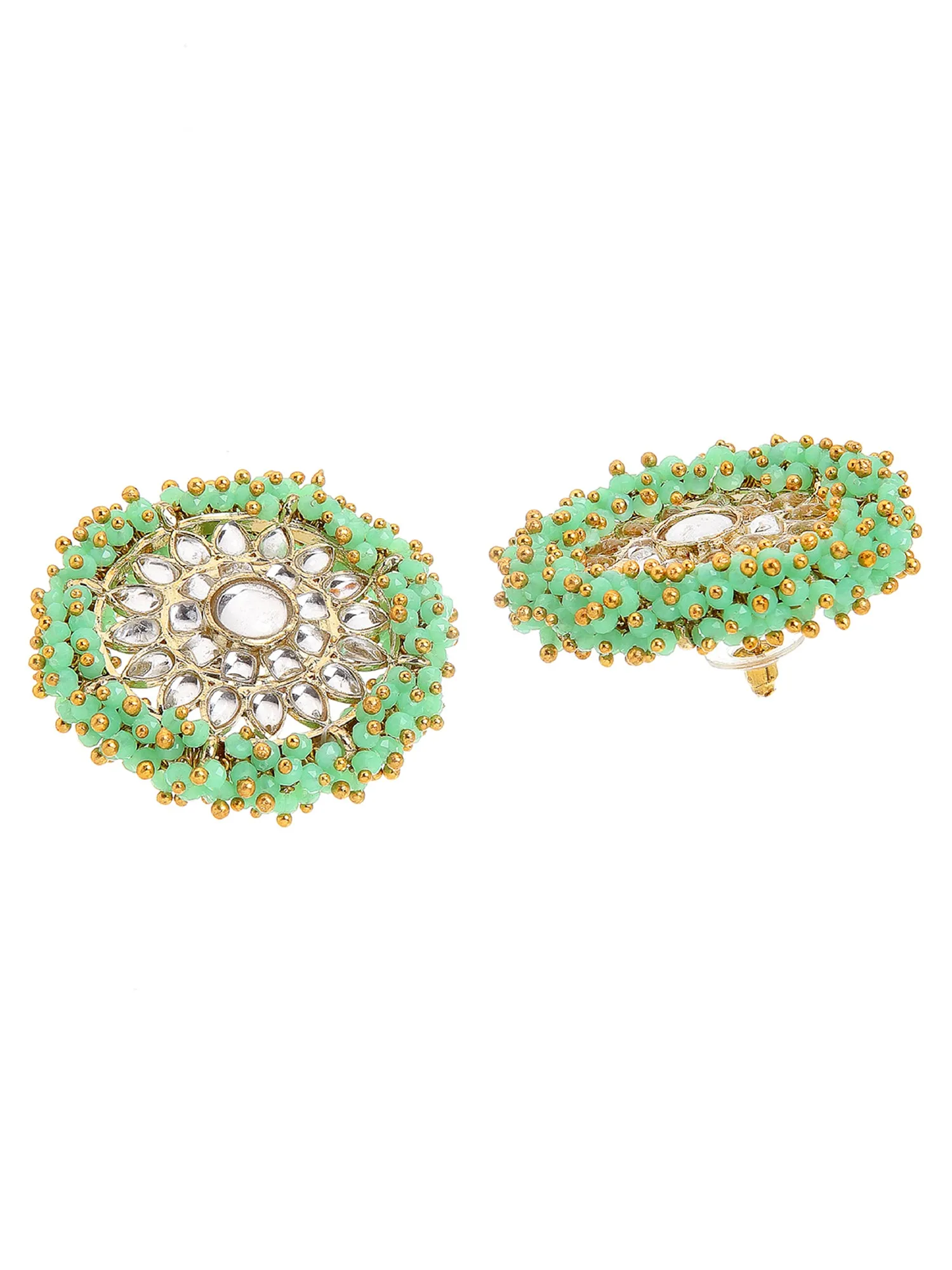Traditional Lime Green Crystal Studded Gold Plated Kundan Stud Earrings