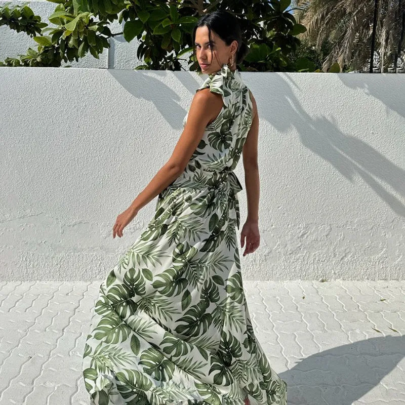 Tropical High Slit Halter Neck Maxi Dress for Elegant Getaways
