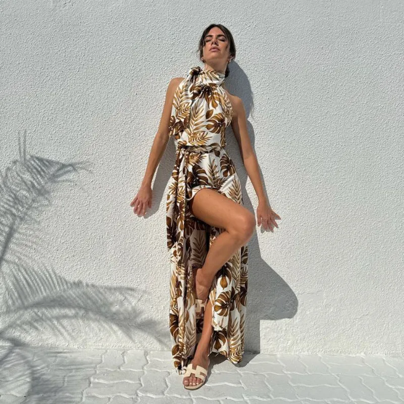 Tropical High Slit Halter Neck Maxi Dress for Elegant Getaways