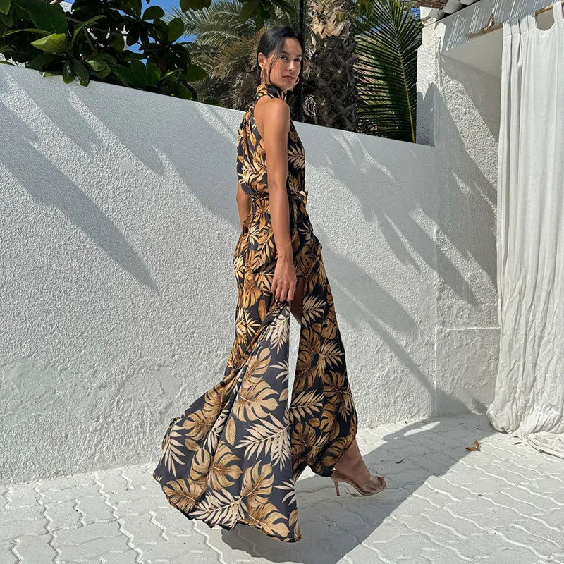 Tropical High Slit Halter Neck Maxi Dress for Elegant Getaways